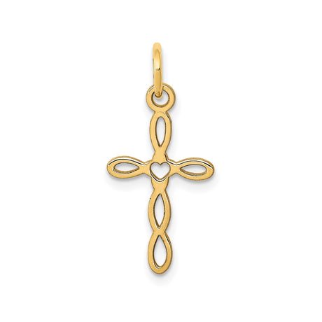 14k Yellow Gold Cross Pendant with Heart Center, Open Loop Design, Latin Christian Symbol for Women