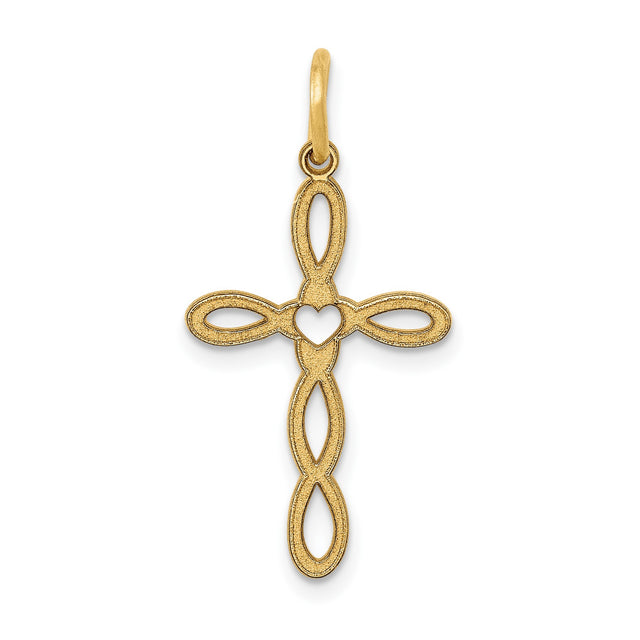 14k Yellow Gold Infinity Cross Pendant with Heart, Openwork Christian Symbol for Women