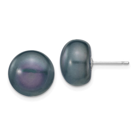 14k White Gold Pearl Stud Earrings, Black Cultured Round Button Design for Women