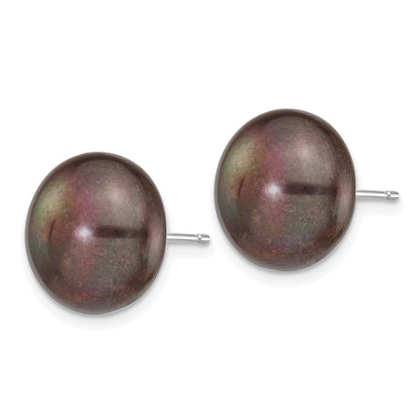 14k White Gold Stud Earrings with Black Cultured Freshwater Pearls, Minimalist Style for Women