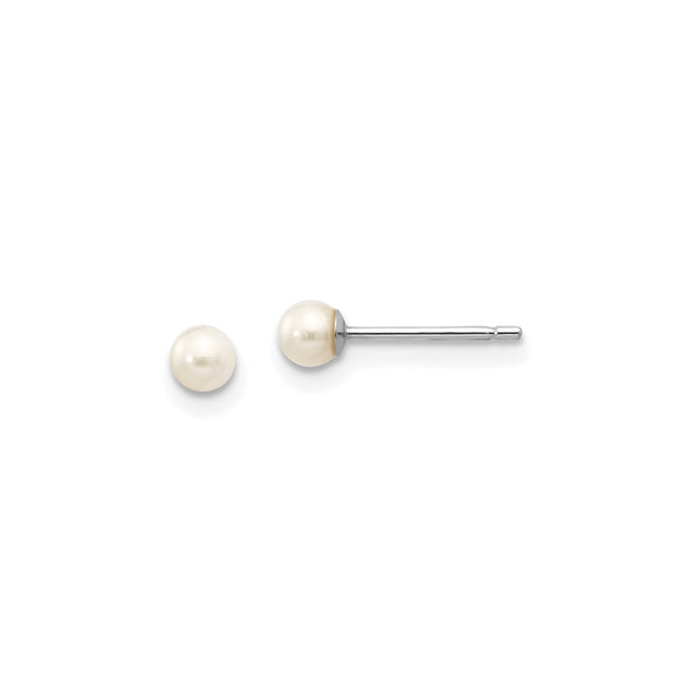 14k White Gold Pearl Stud Earrings with Round White Cultured Pearls, Classic Minimalist Design