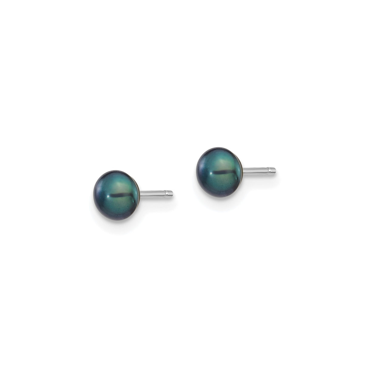 14k White Gold Stud Earrings with Black Cultured Pearls, Iridescent Finish, Minimalist Design