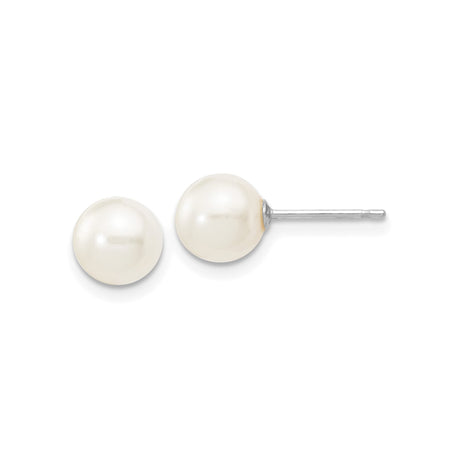 14k White Gold Pearl Stud Earrings with Round Cultured White Pearls, Classic Minimalist Style