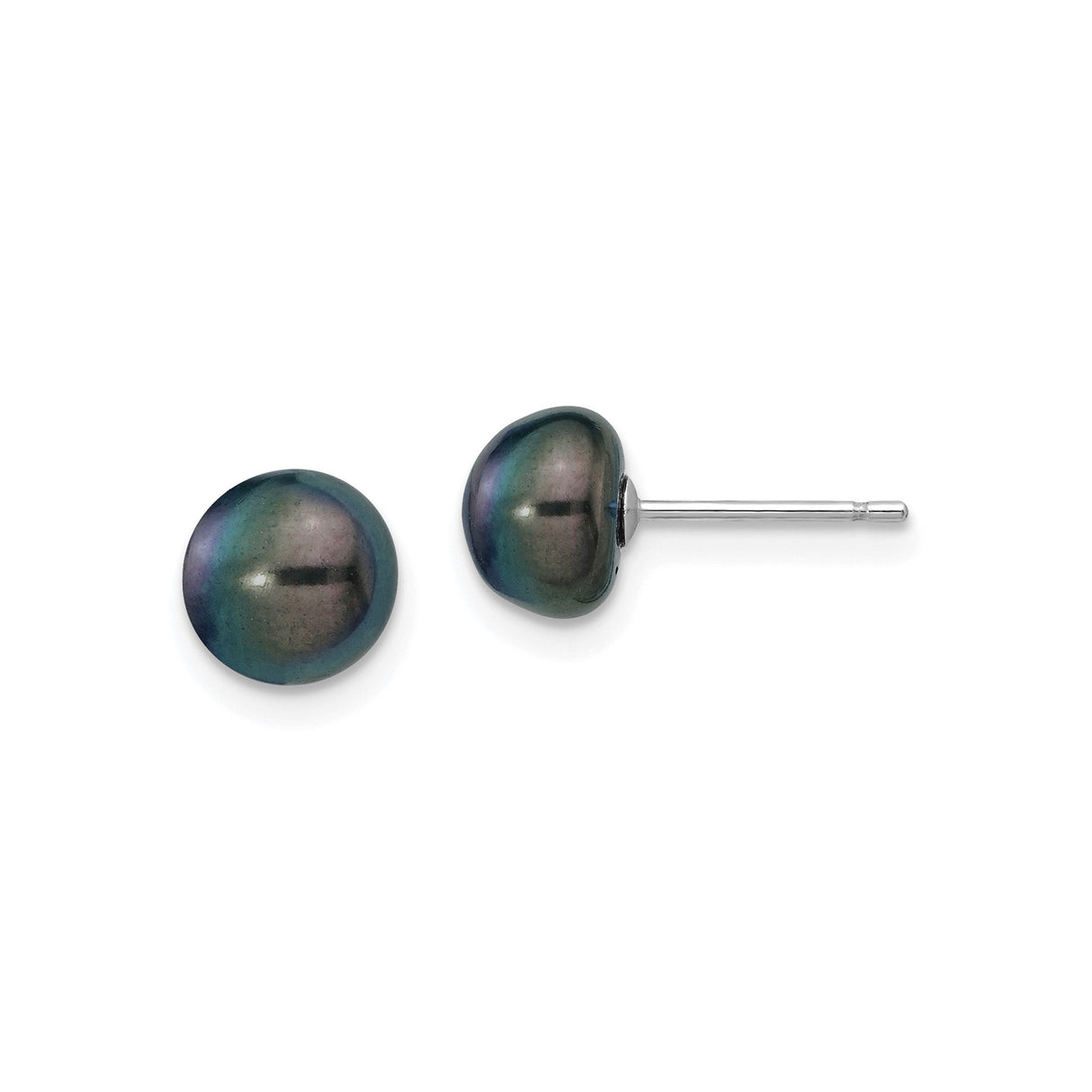 14k White Gold Stud Earrings with Black Cultured Pearls, Round Freshwater Style for Women