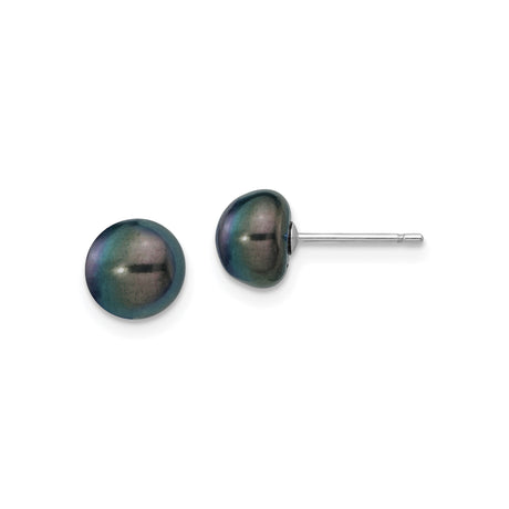 14k White Gold Stud Earrings with Black Cultured Pearls, Round Freshwater Style for Women