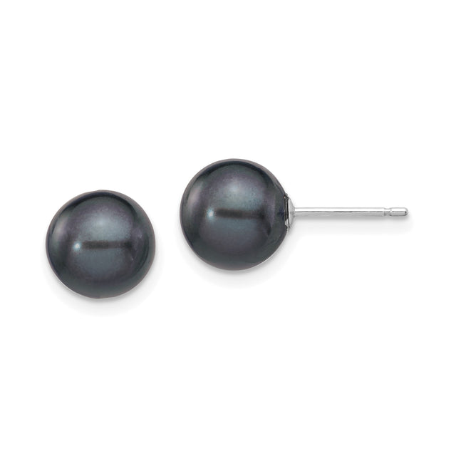 14k White Gold Pearl Stud Earrings with Round Black Cultured Pearls, Minimalist Design
