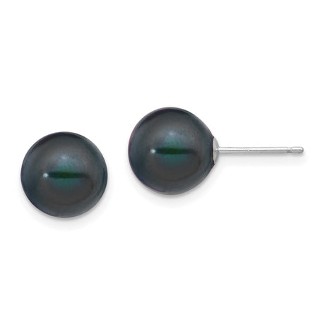 14k White Gold Pearl Stud Earrings, Round Black Cultured Pearls, Minimalist Style for Women