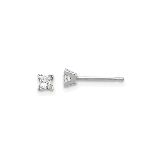 14k White Gold Diamond Stud Earrings, Princess Cut, Four Prong Setting, Minimalist Style