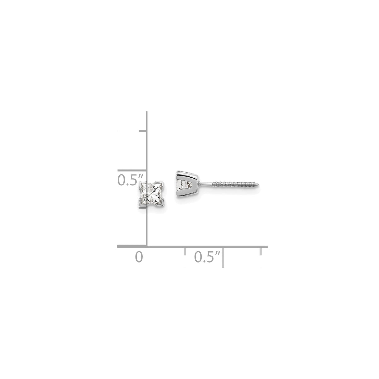 14k White Gold Stud Earring with Princess Cut Diamond, Modern Claw Setting, Screw Back, Unisex Style