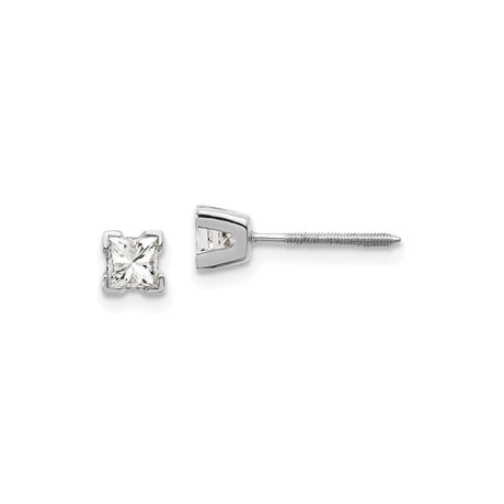 14k White Gold Diamond Stud Earrings, Princess Cut, Four-Prong Setting, Screw Back, Unisex Style