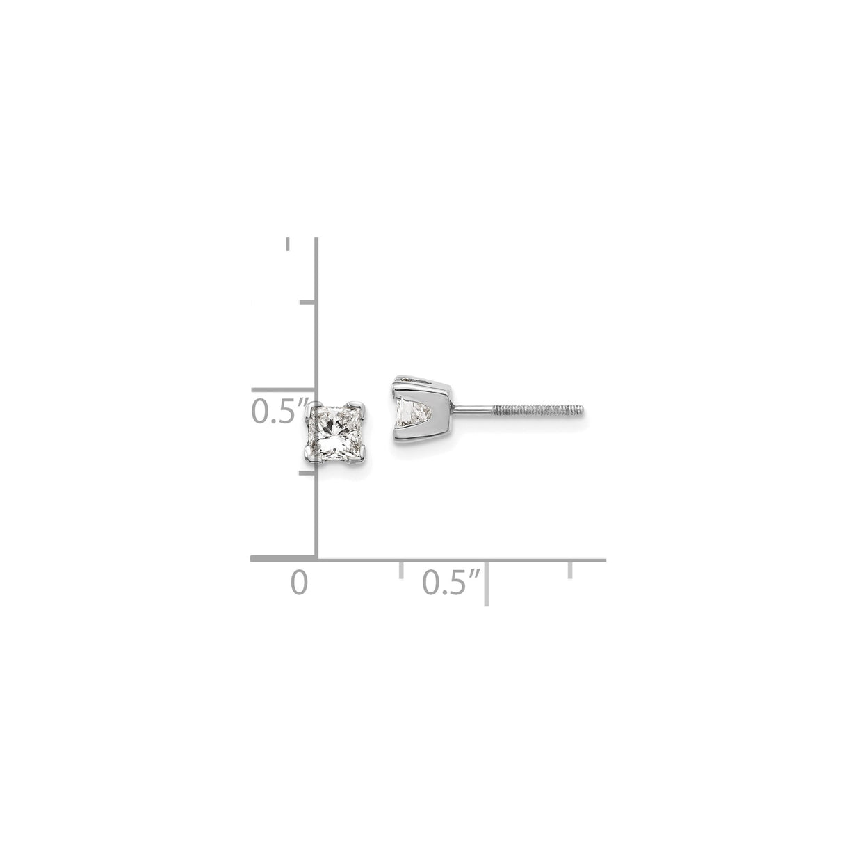 14k White Gold Diamond Stud Earrings, Princess Cut Solitaire, Four Prong Screw Back