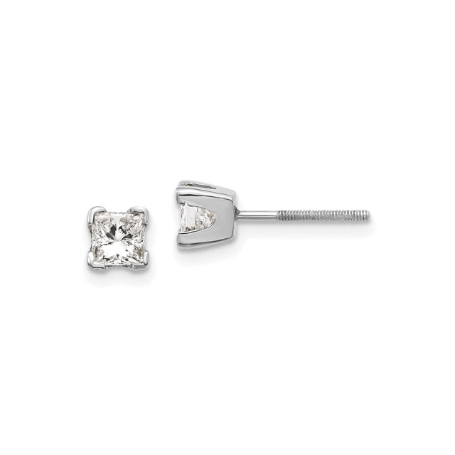 14k White Gold Diamond Stud Earrings, Princess Cut, Four Prong Setting, Minimalist Design