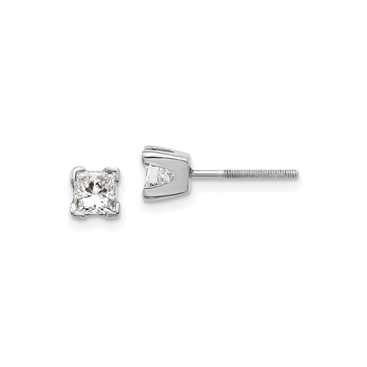 14k White Gold Diamond Stud Earrings, Princess Cut Solitaire, Four Prong Screw Back