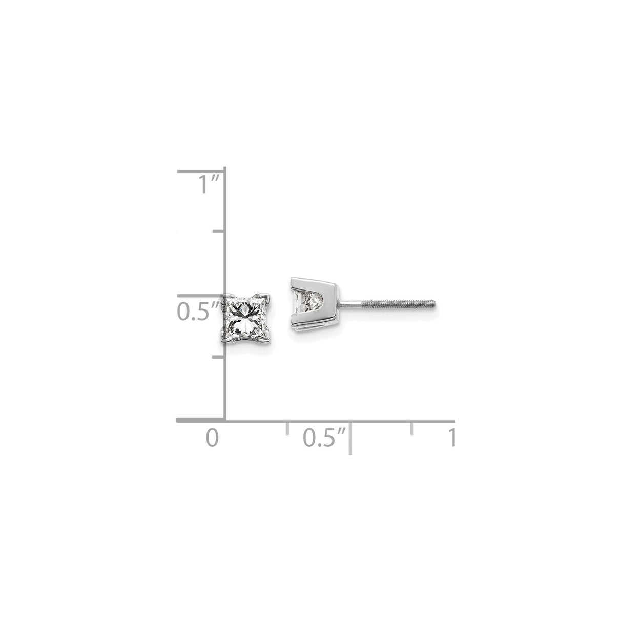 14k White Gold Diamond Stud Earrings, Princess Cut with Prong Setting and Screw-Backs