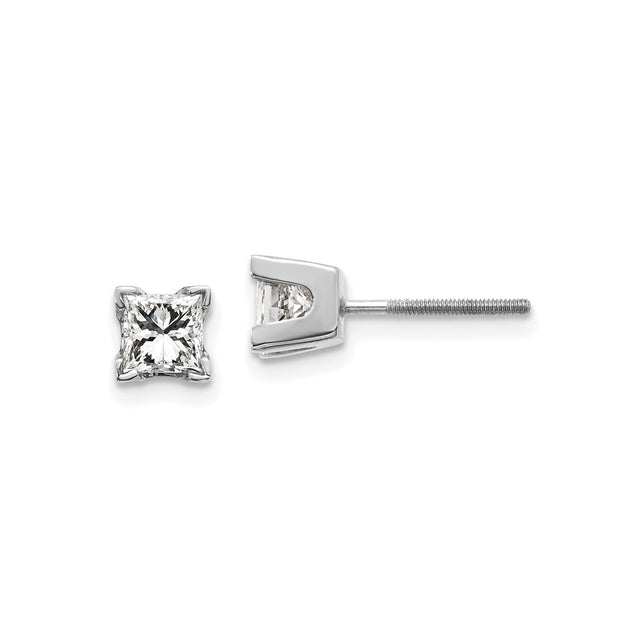 14k White Gold Diamond Stud Earrings, Princess Cut with Prong Setting and Screw-Backs