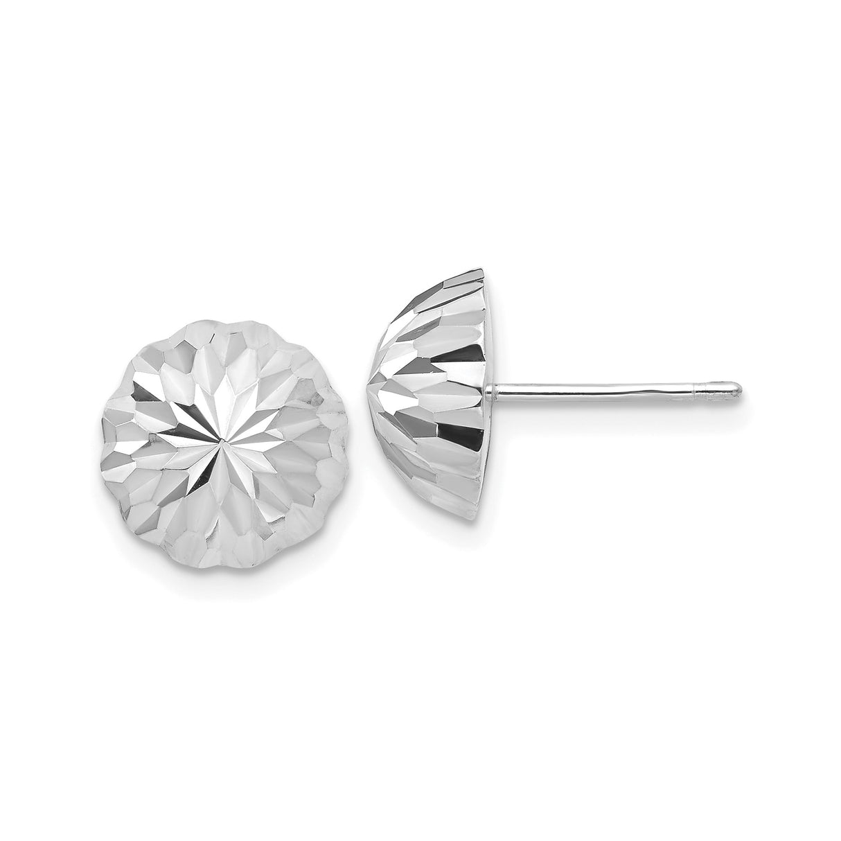 14k White Gold Dome Stud Earrings with Diamond Cut Floral Texture, Minimalist Modern Style