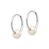 14k White Gold Hoop Earrings with Cultured Pearls, Minimalist Classic Design for Women