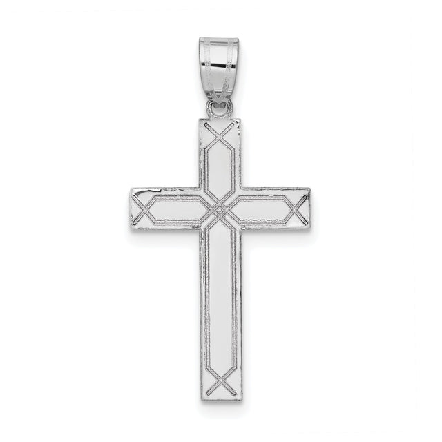 14k White Gold Cross Pendant with Etched Geometric Detailing, Christian Religious Jewelry
