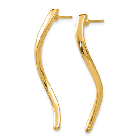 14k Yellow Gold Curved Drop Earrings, Wavy Dangle Design with Polished Finish for Women