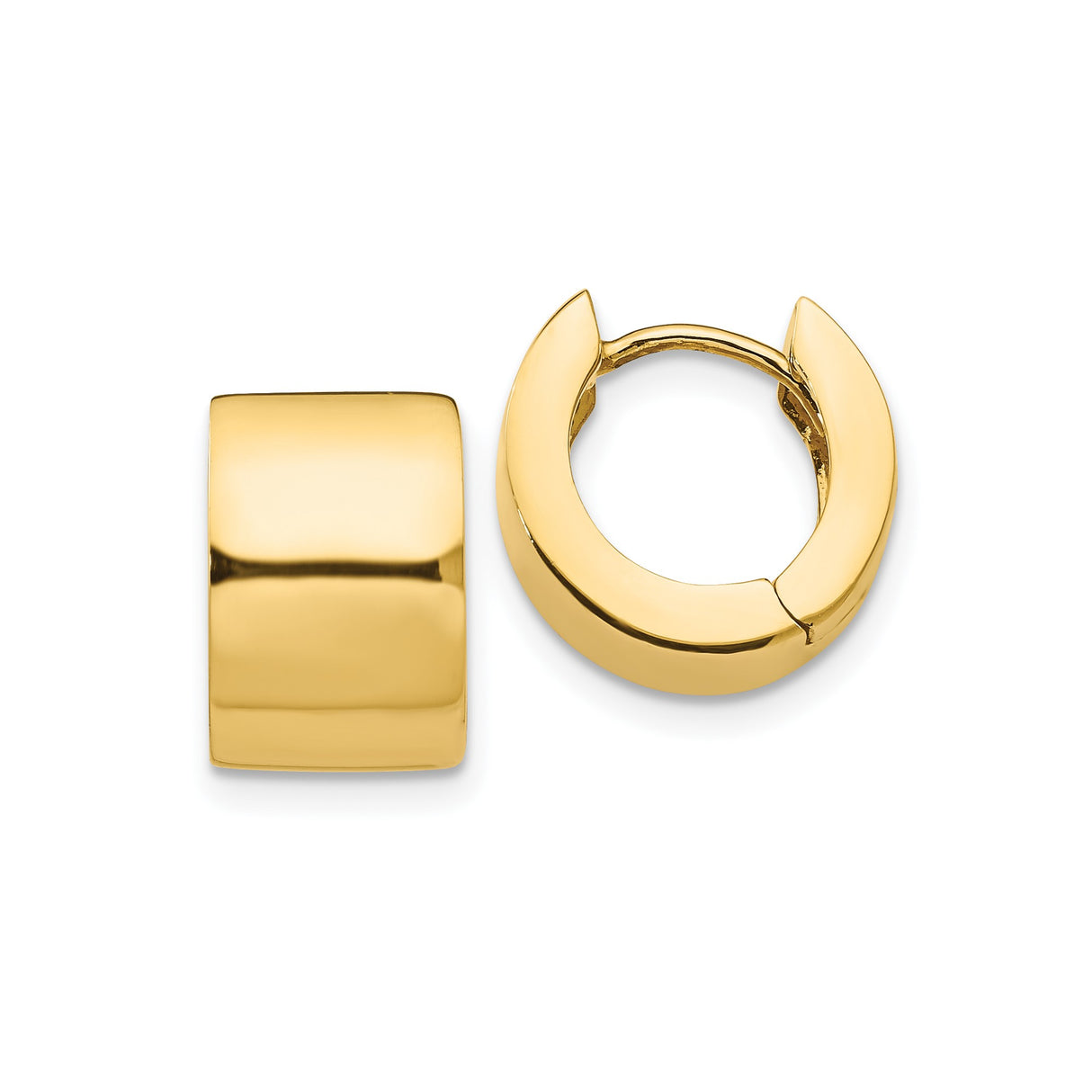 14k Yellow Gold Hoop Earrings, Wide Huggie Design, High Polish Finish, Minimalist Unisex Style