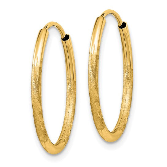 14k Yellow Gold Hoop Earrings, Lightweight Polished and Textured Leaf Design