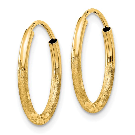 14k Yellow Gold Hoop Earrings with Polished Finish and Subtle Leaf Pattern