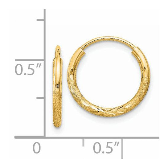 14k Yellow Gold Hoop Earrings with Textured Diamond Cut Leaf Design, Polished and Satin Finish