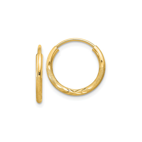 14k Yellow Gold Hoop Earrings with Textured Diamond Cut Leaf Design, Polished and Satin Finish