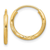 14k Yellow Gold Hoop Earrings with Textured Diamond Cut Leaf Design, Polished and Satin Finish