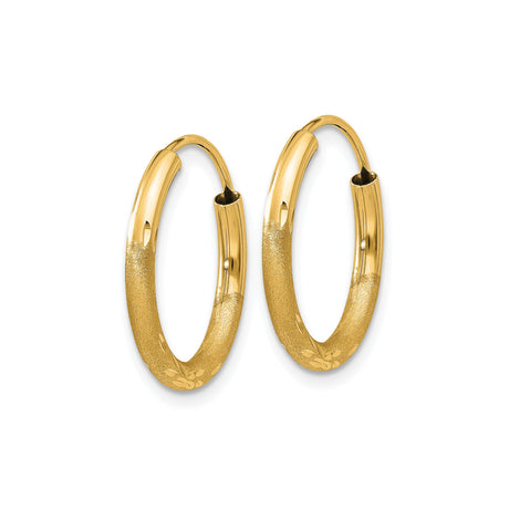 14k Yellow Gold Hoop Earrings, Diamond-Cut Leaf Pattern, Lightweight Textured Finish