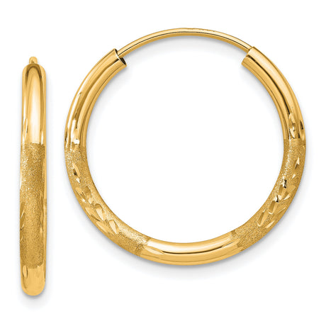 14k Yellow Gold Hoop Earrings with Polished Finish, Textured Detailing, Diamond Cut Design