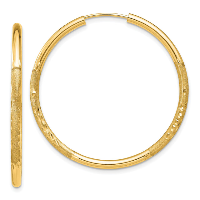 14k Yellow Gold Hoop Earrings, Textured Diamond-Cut Hoops with Polished Finish for Women
