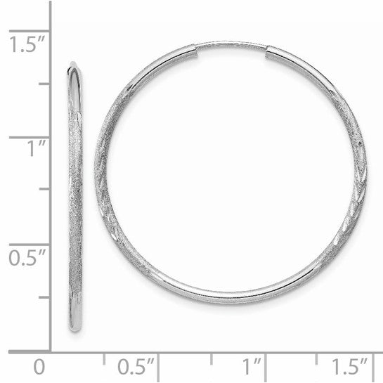 14k White Gold Hoop Earrings, Polished and Textured with Diamond Cut Detailing
