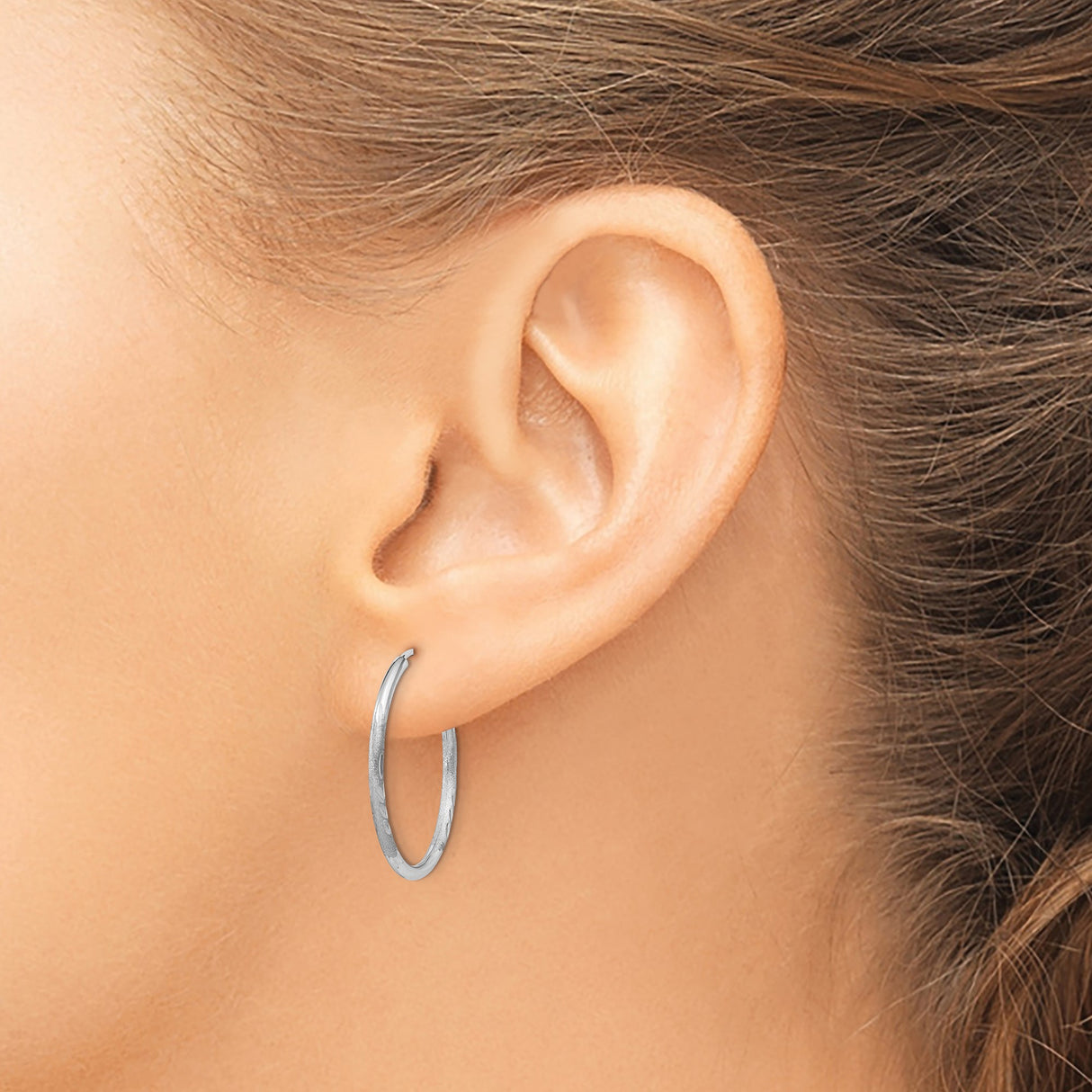 14k White Gold Hoop Earrings, Lightweight Diamond-Cut Textured Endless Hoops for Women