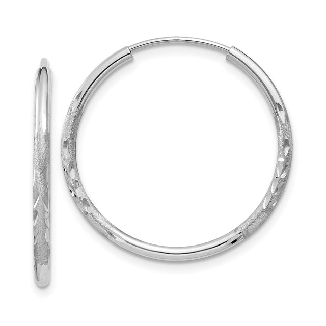 14k White Gold Hoop Earrings, Lightweight Diamond-Cut Textured Endless Hoops for Women