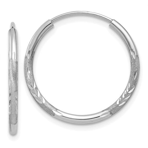 14k White Gold Hoop Earrings with Textured Leaf Design and Polished Finish