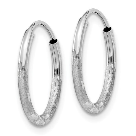 14k White Gold Hoop Earrings, Brushed and Polished Finish with Diamond-Cut Floral Accents