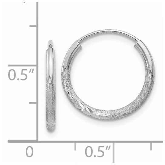 14k White Gold Hoop Earrings, Brushed and Polished Finish with Diamond-Cut Floral Accents