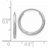 14k White Gold Hoop Earrings, Brushed and Polished Finish with Diamond-Cut Floral Accents