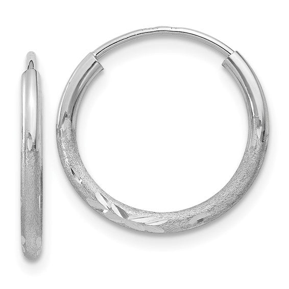 14k White Gold Hoop Earrings, Brushed and Polished Finish with Diamond-Cut Floral Accents