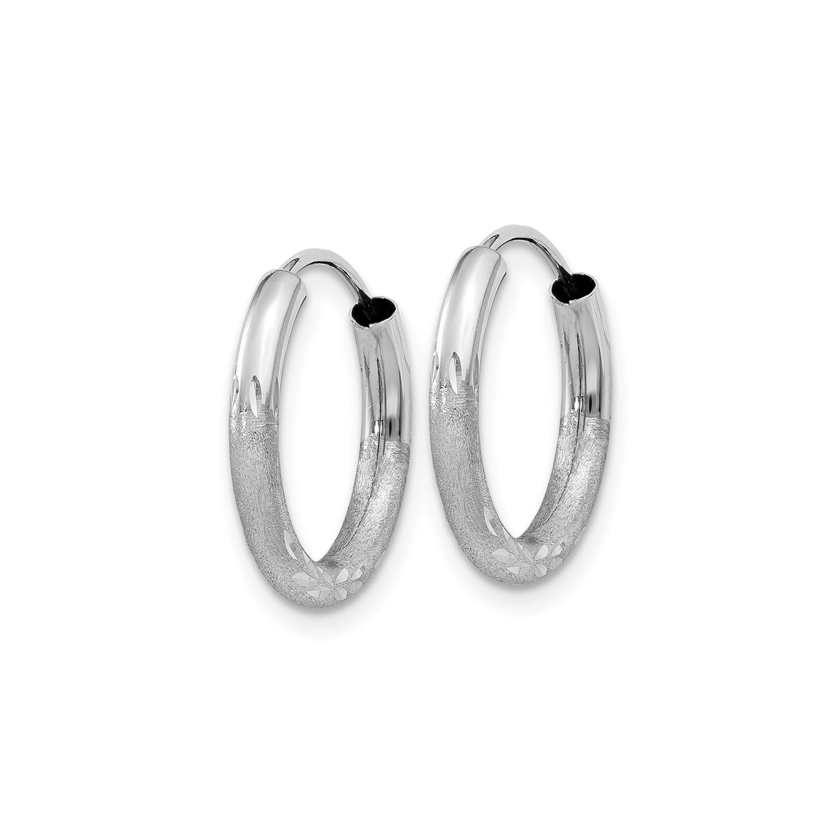 14k White Gold Hoop Earrings, Medium Textured with Diamond Cut Leaf Pattern, Polished Finish