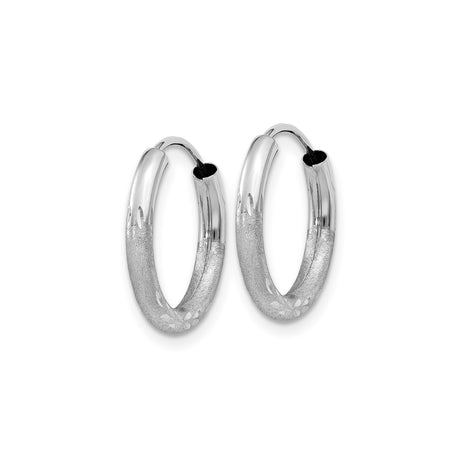 14k White Gold Hoop Earrings, Medium Textured with Diamond Cut Leaf Pattern, Polished Finish