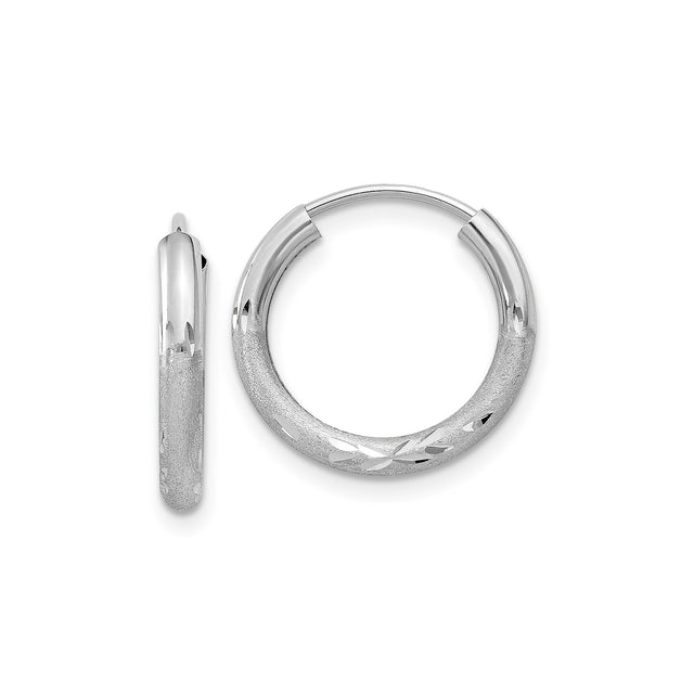 14k White Gold Hoop Earrings, Medium Textured with Diamond Cut Leaf Pattern, Polished Finish