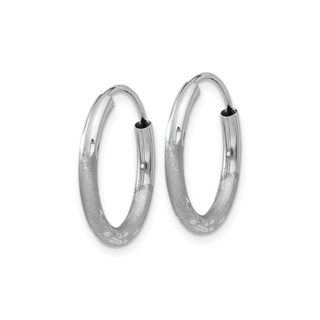 14k White Gold Hoop Earrings with Satin Finish and Diamond-Cut Leaf Pattern
