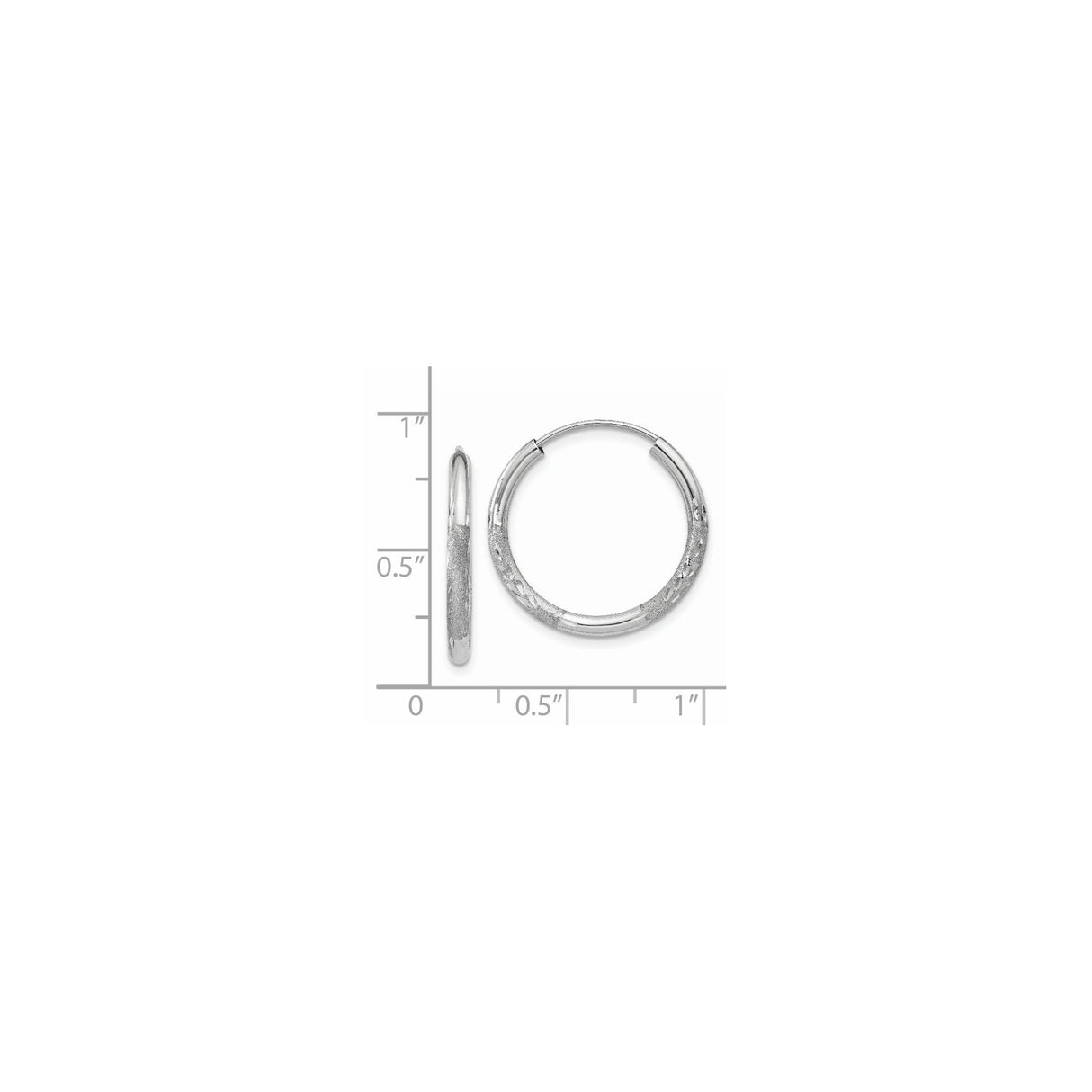 14k White Gold Hoop Earrings with Textured Diamond Cut Design, Medium Size, Secure Clasp