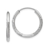 14k White Gold Hoop Earrings with Textured Diamond Cut Design, Medium Size, Secure Clasp