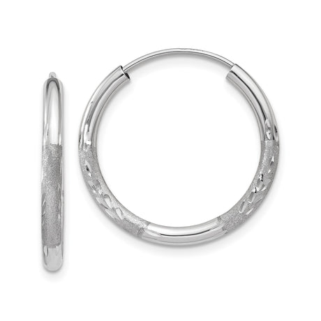 14k White Gold Hoop Earrings with Textured Diamond Cut Design, Medium Size, Secure Clasp