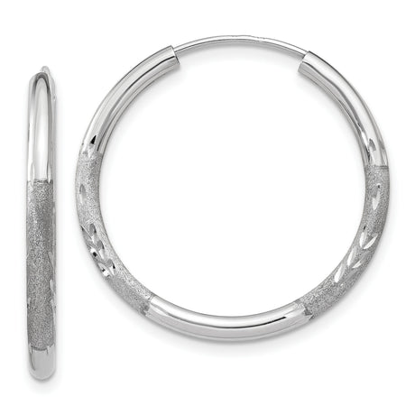 14k White Gold Hoop Earrings, Diamond Cut Textured Polished Finish, Lightweight Modern Design