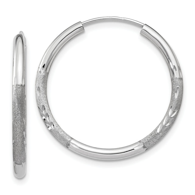 14k White Gold Hoop Earrings, Diamond Cut Textured Polished Finish, Lightweight Modern Design