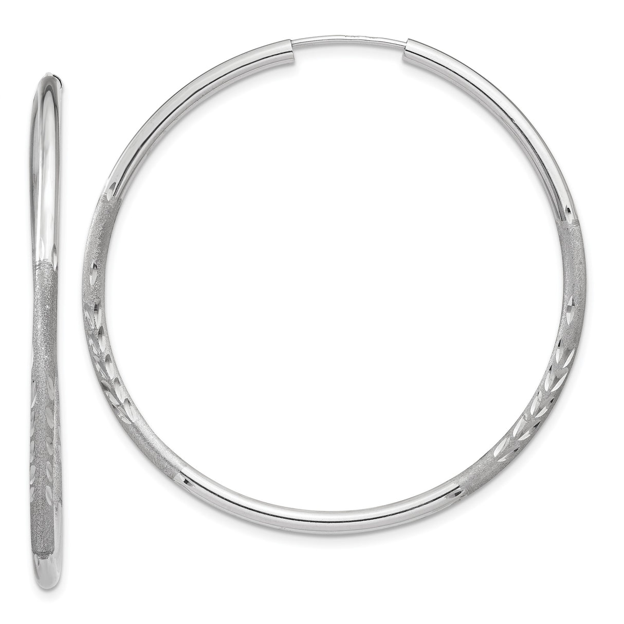 14k White Gold Hoop Earrings, Diamond-Cut Textured Design, Polished Finish, Lightweight Womens Jewelry